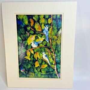 Art Print Bluejay Bird Watercolor Susane Mueller Matted Mounted Foamboard 12x15